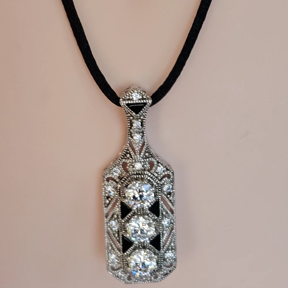 Stunning Edwardian Style Black Onyx & Diamond Simulant Pendant Sterling Silver!